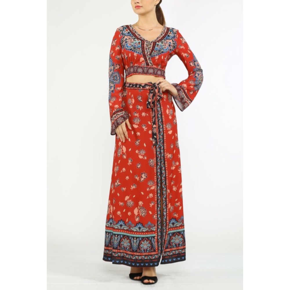 Jealous Tomato Bohemian Maxi Skirt Tie Waist Slit - Picture 9 of 9